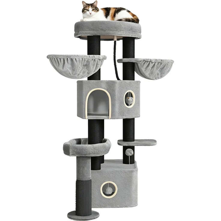Halupeit Hellgrau Schwarz Verdickter und erhöhter Katzenbaum, speziell für große Katzen entwickelt, leise, stabil und luxuriös, mit den Maßen 52,5 x 52,5 x 185,5 cm – Bild 2