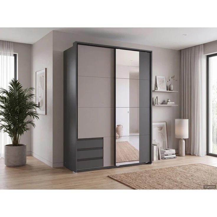 Schwebetürenschrank Kleiderschrank 138 cm Grafit Spiegel Sandgrau Passepartout – Bild 3