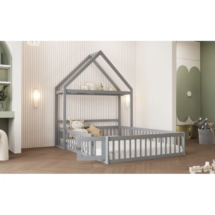 Kinderbett 140 x 200, Kinderbettgestell aus Massivholz mit Stauraum, Vollschutzgitter und Türen und Lattenrost, Grau – Bild 10