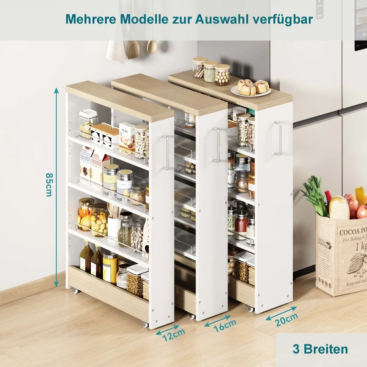 ZUBALIYA Nischenwagen 55 x 12 x 85 cm – 4 verstellbare Fachböden, 4 Lenkrollen, 25 mm Oberplatte, Geländer, MDF, Weiß, Naturfarben – Bild 6