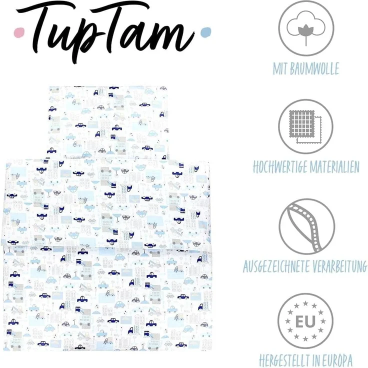 TupTam Kinderbettdecke-Set, Ganzjahresdecke, 2tlg., 1x Bettdecke, 1x Flachkissen, Autos Blau, 135x100 cm – Bild 2