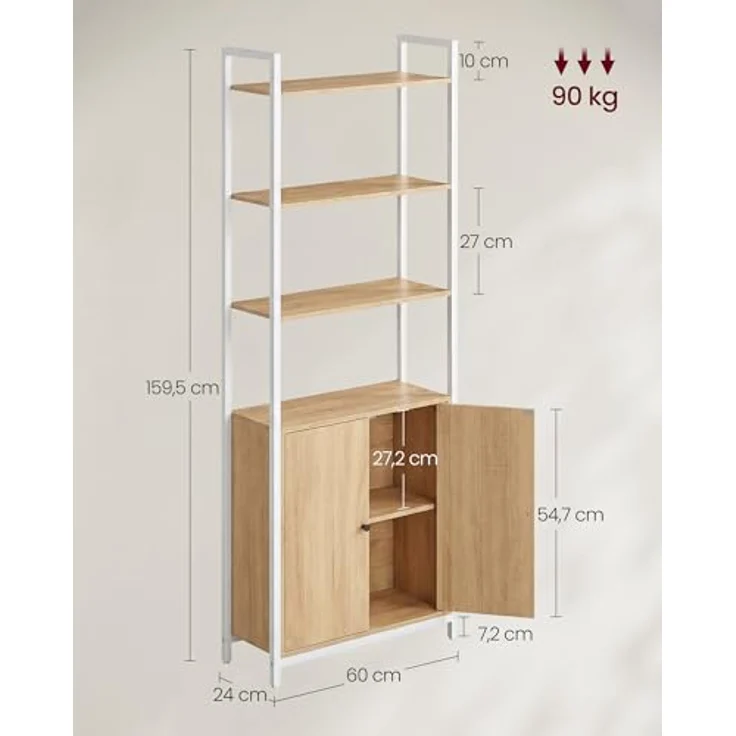 VASAGLE Bücherregal, 6 Ebenen, Regal, Standregal mit Türen, Metallrahmen, verstellbaren Ablagen, 24 x 60 x 159,5 cm, für Wohnzimmer, Schlafzimmer, goldeichenfarbe-mattweiß LLS133YA01 – Bild 4