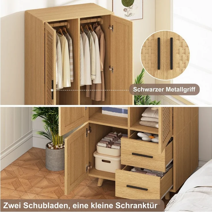 FUROKOY Kleiderschrank Drehtürenschrank mit 3 Schranktüren aus Rattan Garderobenschrank mit 2 Kleiderstangen,2 Schubladen – Bild 2