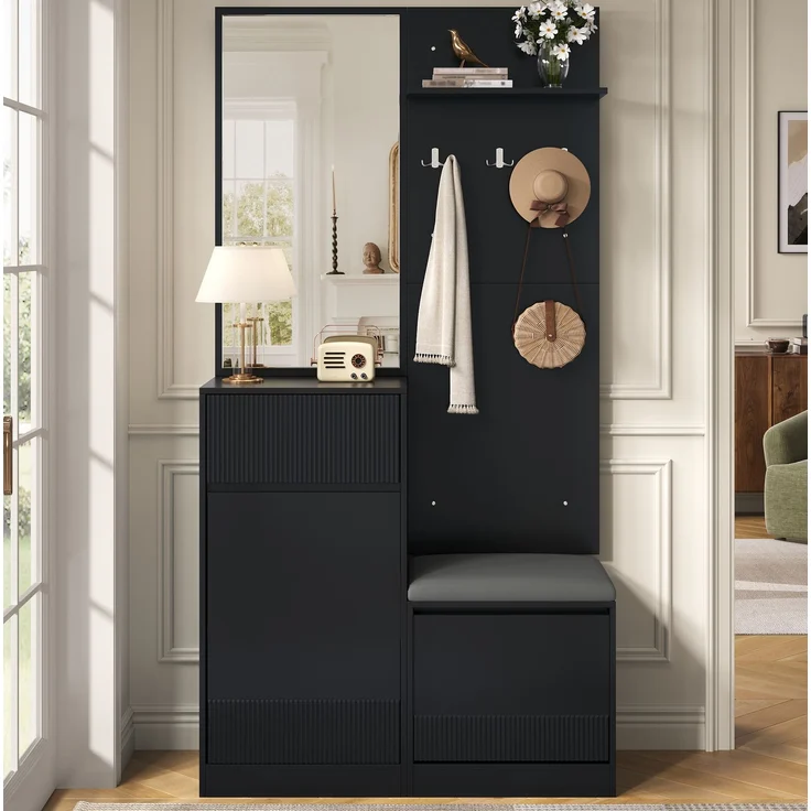 Kompaktgarderobe 105 x 38 x 190 cm in Schwarz mit Spiegel, Sitzbank und LED-Beleuchtung – Bild 3