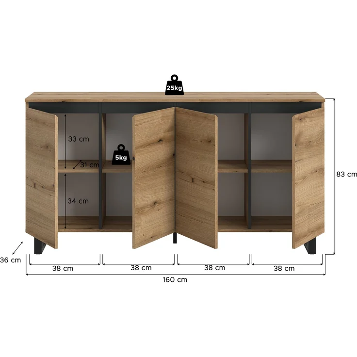 Sideboard B/H/T: 160x84x36 cm in Evoke Oak Nachbildung und schwarz – Bild 4