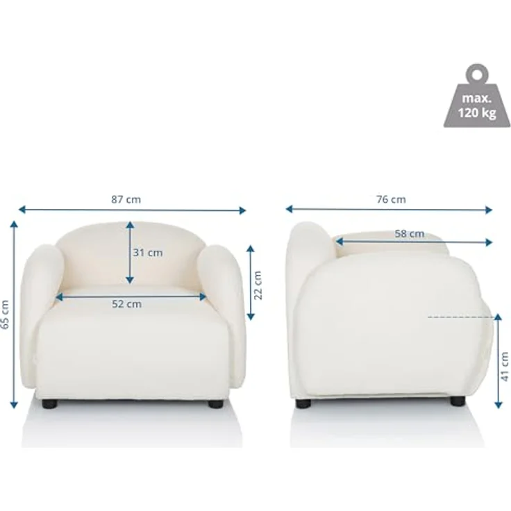 hjh LIVING Polstersessel mit Armlehnen VERDUNA Teddy-Stoff, Bequem gepolsterter Loungesessel Relaxsessel, für Wohnzimmer Schlafzimmer, Weiß – Bild 4