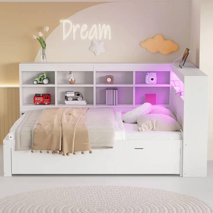 Multifunktionales Schlafsofa Weiß 140x200 Mit USB LED Beleuchtung Stauraum Massivkiefer 150kg Tragkraft Doppelbett Gästebett