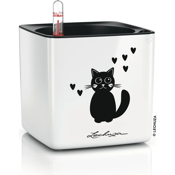 LECHUZA-Tischgefäß CUBE Glossy CAT 14 Weiß Highgloss | Pflanzgefäß mit Bewässerungssystem, Wasserstandsanzeiger und Pflanzeinsatz | Hochglanz-Oberfläche mit Katzenmotiv | 14 x 14 x 13,5 cm | 13507