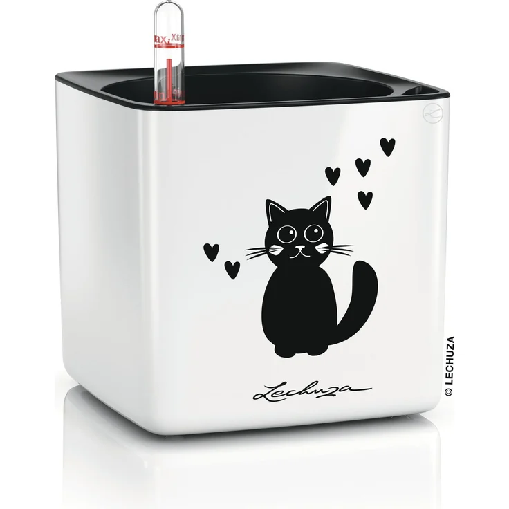 LECHUZA-Tischgefäß CUBE Glossy CAT 14 Weiß Highgloss | Pflanzgefäß mit Bewässerungssystem, Wasserstandsanzeiger und Pflanzeinsatz | Hochglanz-Oberfläche mit Katzenmotiv | 14 x 14 x 13,5 cm | 13507 – Bild 1