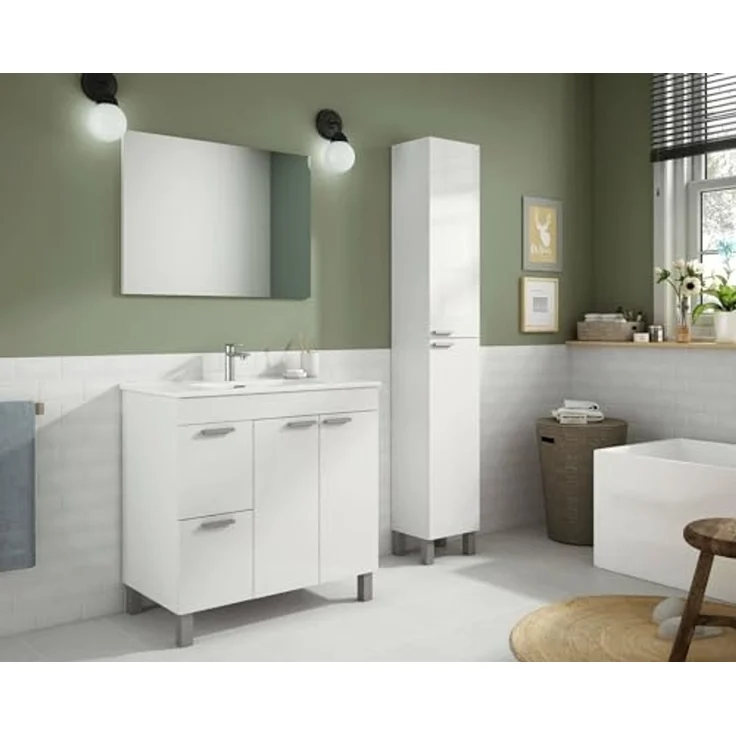 Dmora - Lakewood Waschtischunterschrank, Badezimmerschrank, 2-türiger Kleiderschrank mit zwei Schubladen mit Spiegel, Waschbecken nicht im Lieferumfang enthalten, 80 x 45 x 80 cm, glänzendes Weiß – Bild 1