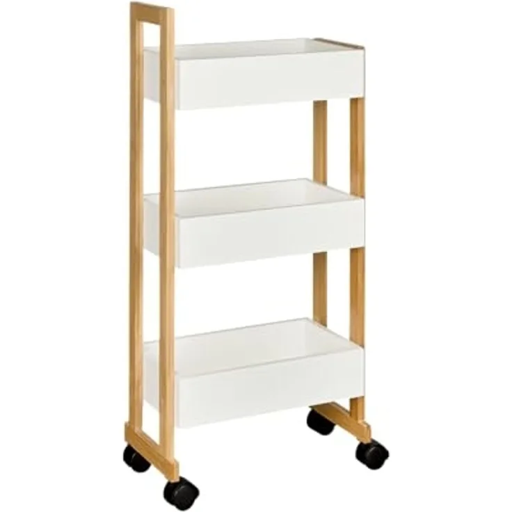 shelfmade Rollwagen mit 3 Fächern aus Bambus & MDF – Nischenregal mit Rollen, Küchenregal Badregal - rollbarer Küchenwagen und schmales Badregal, weiß