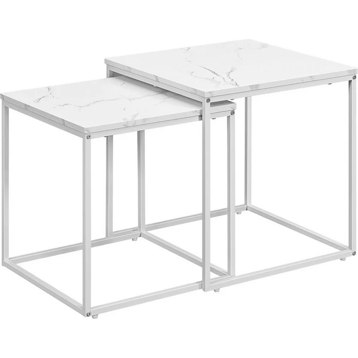 Home Collective Couchtisch 2er Set Beistelltisch Loft Design 2in1 Verschachtelung Wohnzimmer, kratzfeste Oberfläche 50cm & 45cm Weiß Marmor Optik mit Weißen Beinen – Bild 2