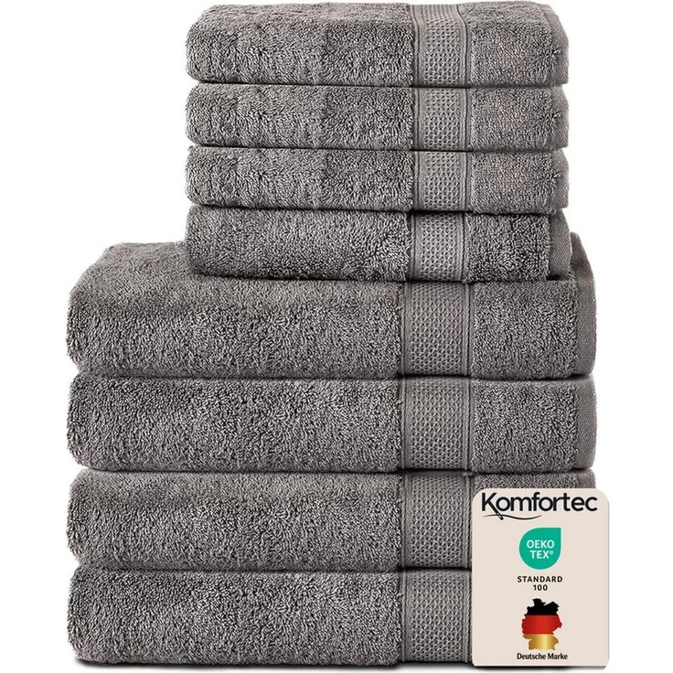 Komfortec 8er Handtuch Set aus 100% Baumwolle, 4 Badetücher 70x140 und 4 Handtücher 50x100 cm, Frottee, Weich, Towel, Groß, Anthrazit Grau – Bild 1