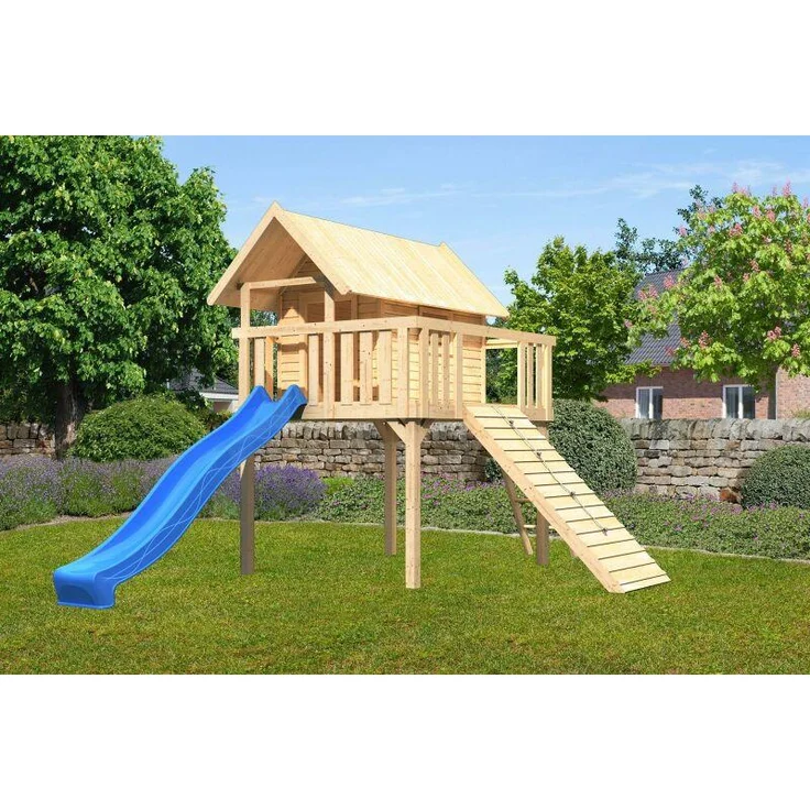 Karibu Stelzenhaus Fidel Set Aktion2 naturbelassen mit Rutsche und Holzrampe blau – Bild 1