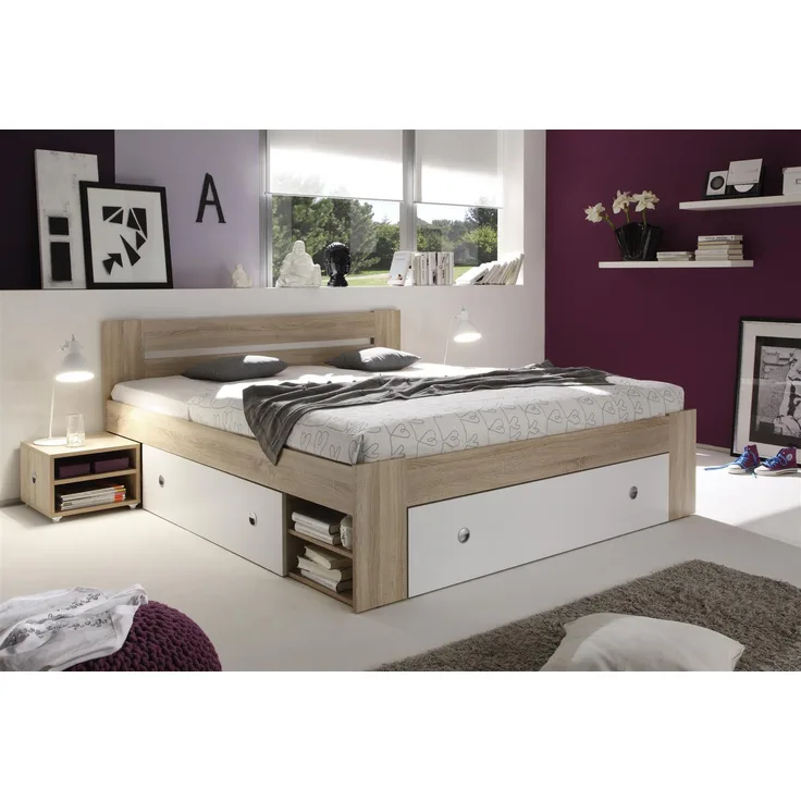 Stauraumbett >Robina< in Eiche Sonoma Nachbildung / Weiß - 145x86x204cm (BxHxT)