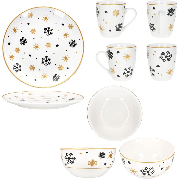 18tlg Frühstücksset Stars schwarz gold Steingut 6 Personen Teller Schale Becher – Bild 5