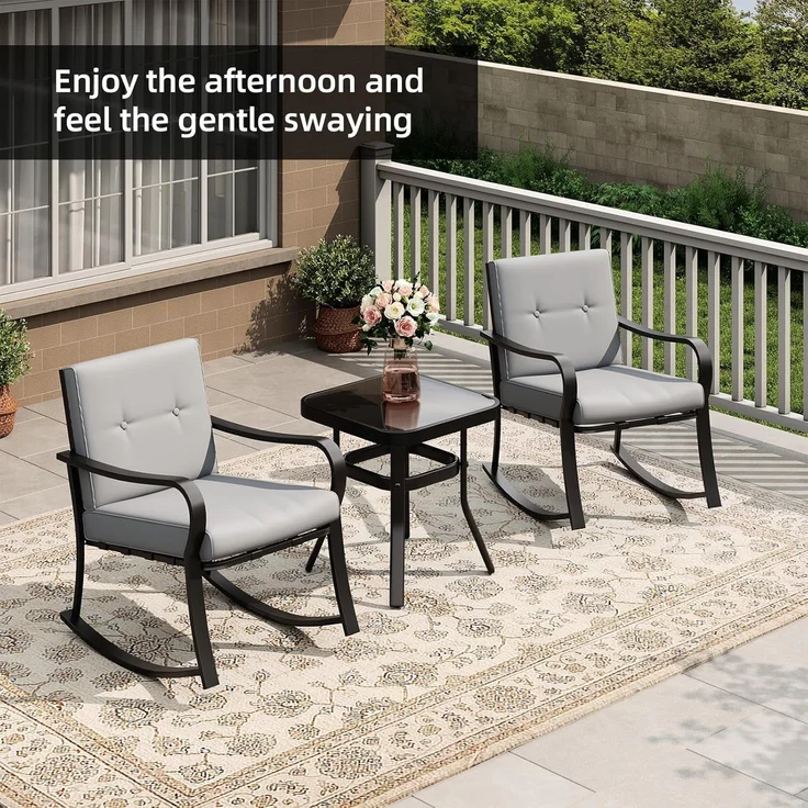GarveeHome 3-teiliges Bistro-Set für den Außenbereich – 2 Schaukelstühle mit warmgrauen Kissen & Glastisch, Gartenmöbel-Set für Garten, Terrasse, Pool und Balkon (Grau) – Bild 5