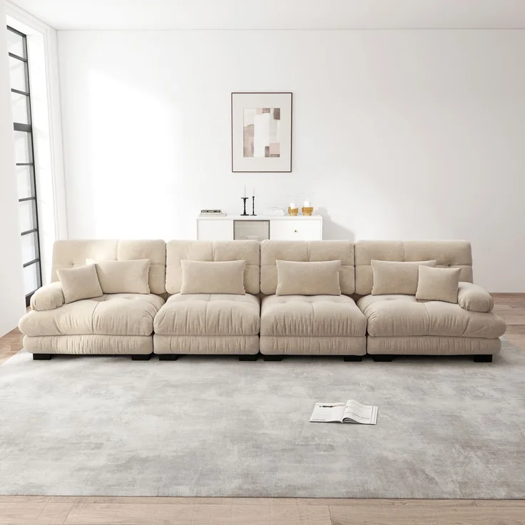 Ecksofa, 4-Sitzer modulares Ecksofa mit Tiefensitz Chenille Schlafsofa komfortabel gepolstert für Wohnzimmer Apartment Studio Büro, Chenille, Hellbraun