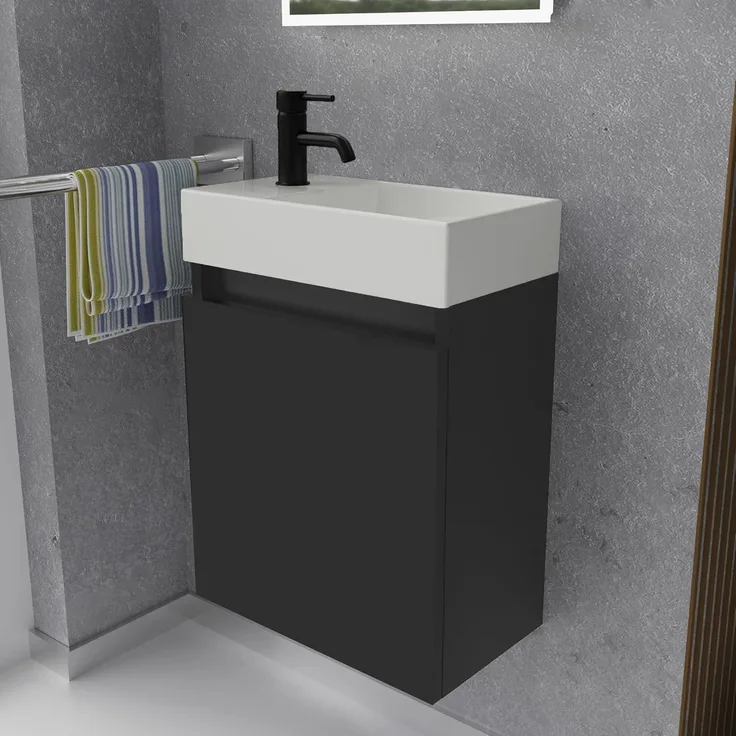 Alpenberger Badmöbel-Set Gäste WC Waschbecken mit Unterschrank - Badschrank Hängend, (2-tlg. Waschtisch Set Schwarz, Waschbeckenunterschrank mit Softclose), Waschplätze für Kleine Bäder - Badschrank Hängend und Vormontiert