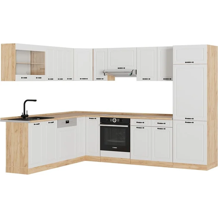 Eckküche R-Line Weiß Landhaus/Goldkraft Eiche 287 x 60 cm , AP Eiche Vicco – Bild 1