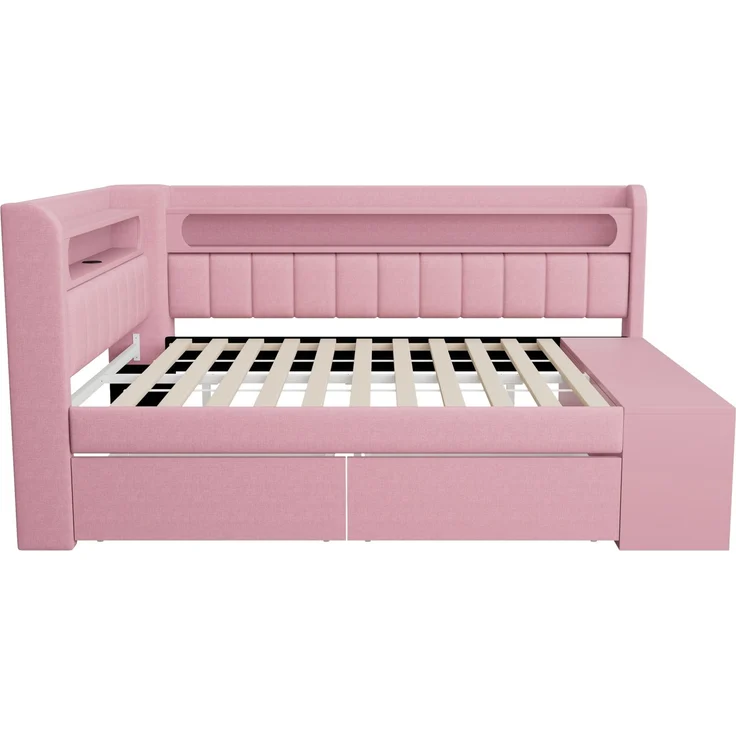 Merax Kinderbett, Einzelbett, Schlafsofa 90x200cm mit USB-Anschluss und LED-Lichtleiste, inklusive Schuhschrank und zwei Schubladen, Rosa – Bild 7