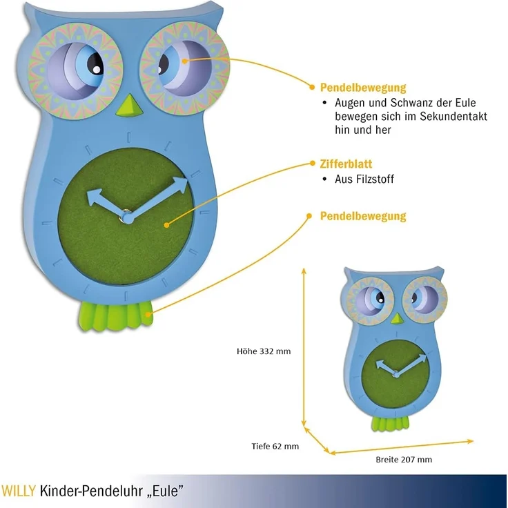 TFA 60.3052.06 blau/grün Lucy Kinder-Pendeluhr "Eule" – Bild 3