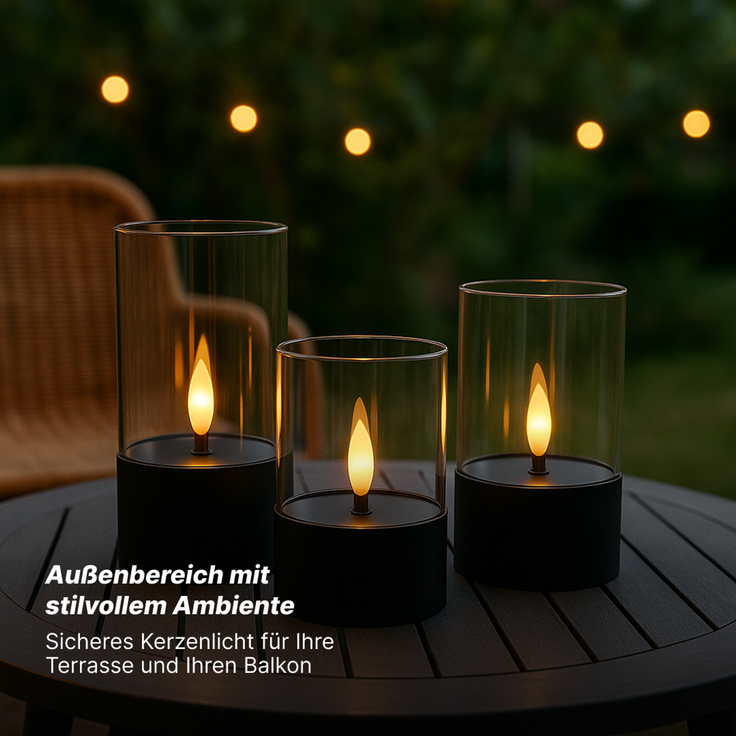 Brilliant Bougie LED-Kerzen 3er-Set - schwarz/geräuchertes Glas, warmweiß flackernd, 10 cm,12,5 cm,15 cm, batteriebetrieben, Dekoration für drinnen & draußen – Bild 5