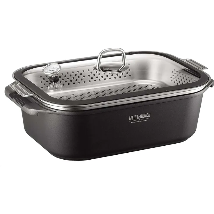 MEISTERKOCH Profi-Bräter 7,5 l mit Glasdeckel, eckig, schwarzer Alu-Guss, Induktion-geeignet mit Dämpfeinsatz, backofengeeignet bis 300°C, spülmaschinengeeignet, Bratenthermometer