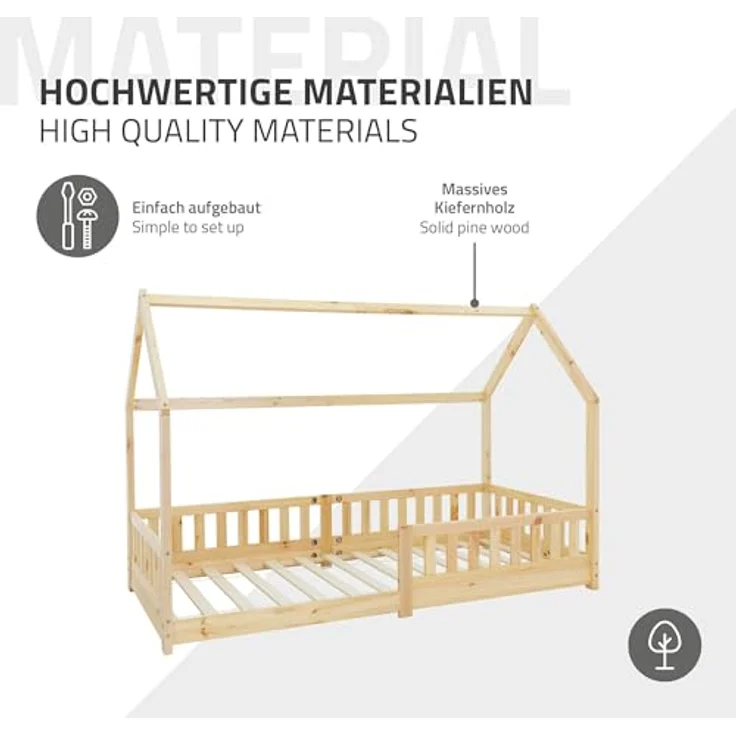 ML-DESIGN Kinderbett Hausbett mit Rausfallschutz, Dach und Lattenrost Massivholz, Bett 90x200 cm Natur mit Matratze 10cm Mädchen Jungen Holzbett – Bild 9