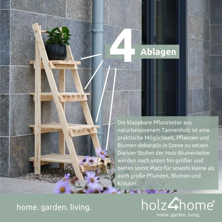 holz4home® Pflanzentreppe Pflanzleiter mit 4 Ablagen I Blumentreppe aus Tannenholz, Klappbar – Bild 5