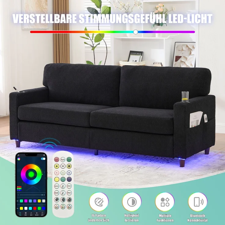LVHOM 2-Sitzer Sofa mit USB&LED, Zweier Polstersofa Chenille Bezug, Loveseat mit Getränkehaltern, Doppelsofa Stoffsofa Loungesofa, Schwarz – Bild 4