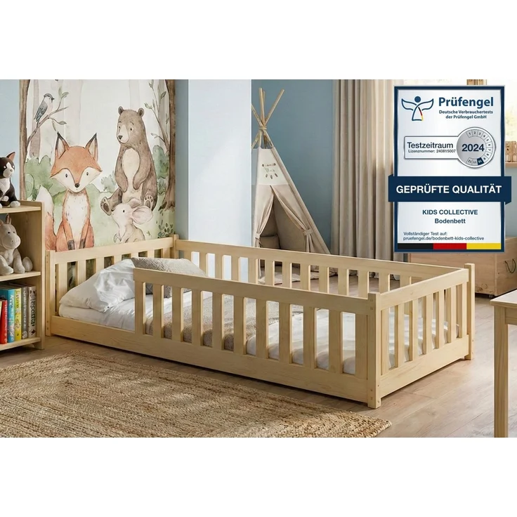 Kids Collective Kinderbett Bodenbett Bett mit Rausfallschutz & Lattenrost Montessori Bett Kinder (Jungen, Mädchen, Kinder, weitere Größen 80x160, 90x190, 90x200, 120x200, 140x200 cm), Jugendbett Gitterbett Einzelbett, Natur Kiefer 80x180 cm – Bild 1