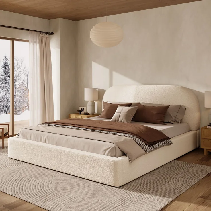 Polsterbett,Doppelbett,180 x 200cm, Bett mit Lattenrost, gepolstertes Kopfteil, Beige Bouclé