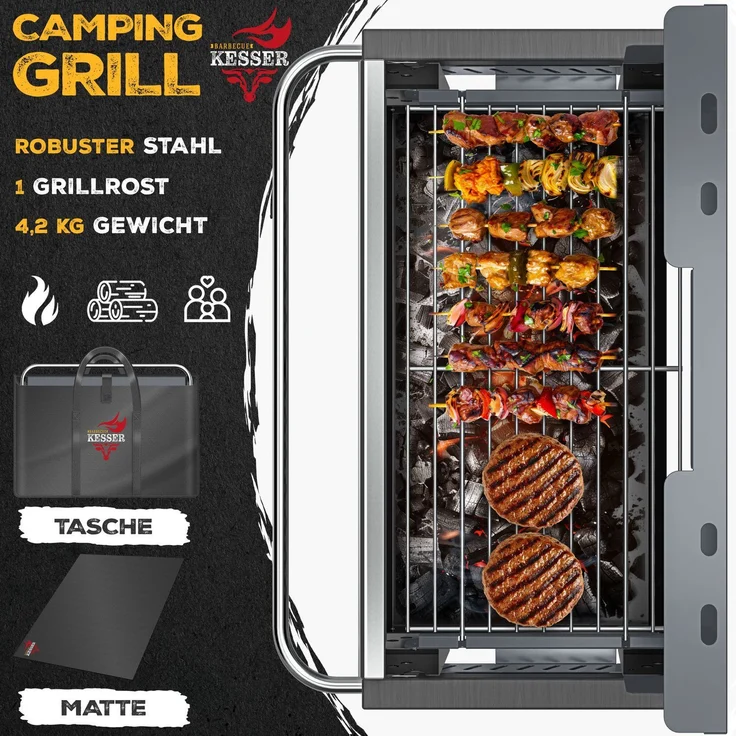 KESSER® Klappgrill, tragbarer Holzkohlegrill aus pulverbeschichtetem Stahl inklusive Grillrost, Grillmatte & Tragetasche, Anthrazit, 43 x 65 x 82 cm – Bild 4