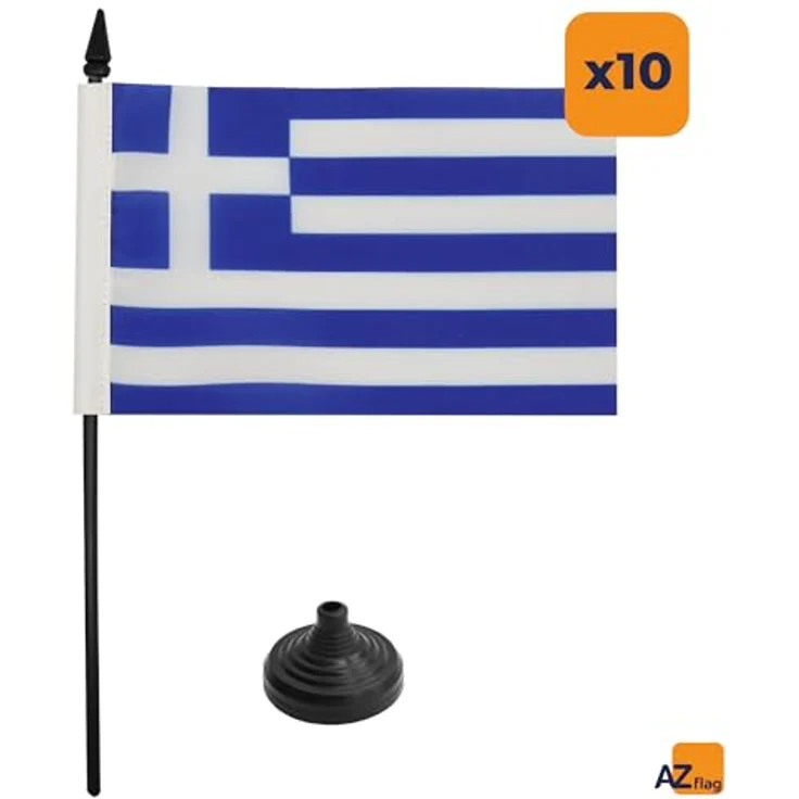 AZ FLAG - 10 Tischflagge Griechenland – 15 x 10 cm – 10 griechische Mini-Flaggen für Büro, 100% Polyester, mit Fahnenstange von 25 cm und Sockel aus schwarzem Kunststoff – Bild 4