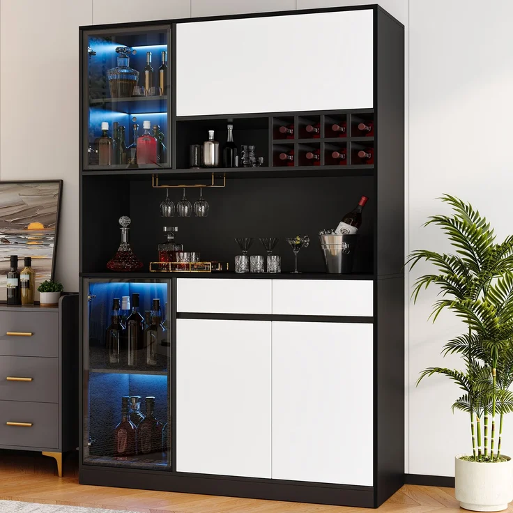 Mehrzweck Hochschrank mit LED Beleuchtung, Vitrine, Sideboard Schrank, Aufbewahrungsschrank mit Türen und Schubladen, modernes Wohnzimmerschrank Möbel für Küche, Esszimmer und Büro--Schwarz, Weiß--120x35x180cm--YOUDENOVA – Bild 6
