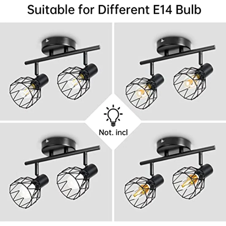 Dehobo Led Deckenstrahler Schwenkbar 350°, Deckenleuchte E14 2 Flammig Schwarz, Spotleuchte Wand, Deckenlampe Spots Led, LED Wandstrahler für Küche, Wohnzimmer, Schlafzimmer, Nein E14 Leuchtmittel – Bild 7