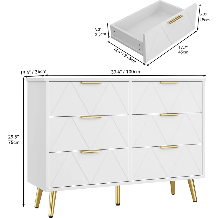 YITAHOME Kommode Schlafzimmer, Zeitgenössische 6 Schubladen, Schlafzimmermöbel, Breite Kommode Holz, Schlafzimmer Aufbewahrungseinheit, Schiebeschubladen, Büro Lounge Möbel Aufbewahrungsschrank, Weiß – Bild 3