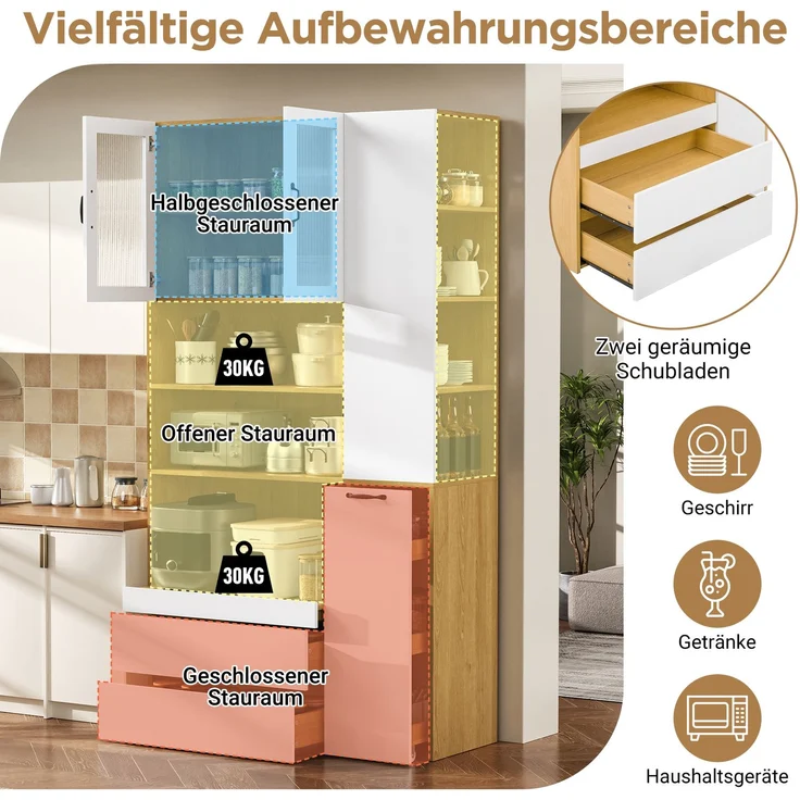 Highboard mit verstellbaren Regalböden und Schubladen, Buffetschrank mit ausziehbaren Regalböden und Riffelglas , Ideal für Esszimmer, Wohnzimmer und Küche (Weiß+Natur) – Bild 7