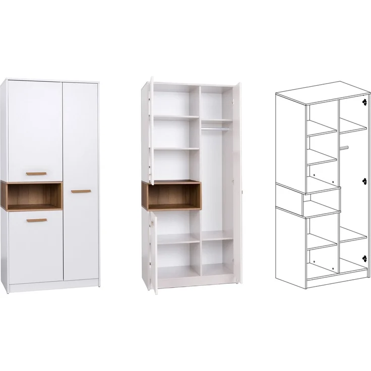 Marmex Möbel Grant Set-D Jugendzimmer Komplett-Set 3-teilig mit Kleiderschrank, Kommode, geschlossenes Regal, Kinderzimmermöbel, laminierte Spanplatte, weiß+riviera Eiche, 262,5x195x55 cm – Bild 4