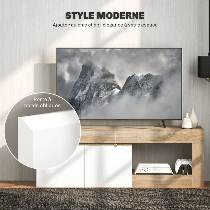 2-türiger TV-Schrank für Fernseher bis zu 60 Zoll, TV-Schrank mit Schrank und offenem Regal, Naturholz-Optik – Bild 6