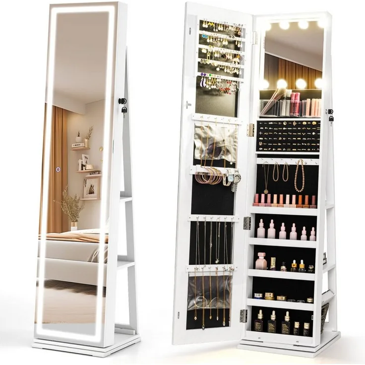 COSTWAY Schmuckschrank Ganzkörperspiegel mit LED, drehbarer Standspiegel