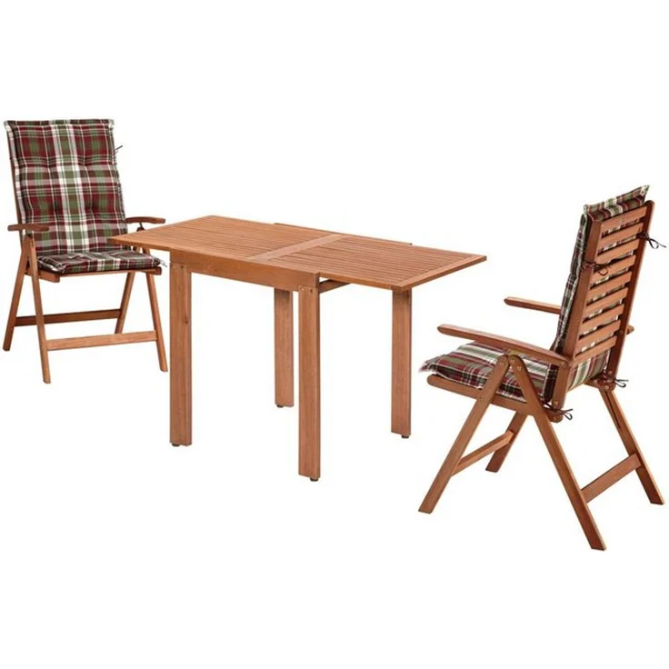 MERXX Balkonset Borkum, (5-tlg, 2x Klappsessel, inkl. Kissen, 1x Balkonausziehtisch 65(130)x65 cm), Eukalyptusholz, FSC Mix, geeignet für 2 Personen – Bild 4