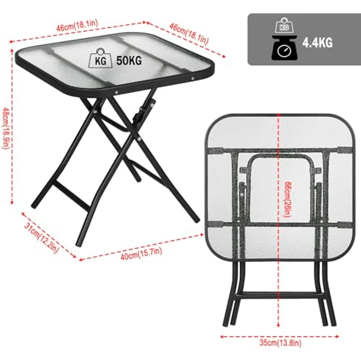 eSituro Klapptisch, Beistelltisch klappbar, Balkontisch Campingtisch Gartentisch Bistrotisch, mit Metallrahmen, rechteckige Tischplatte aus gehärtetem Glas, 46 x 46 x 48 cm, Schwarz+transparent – Bild 3