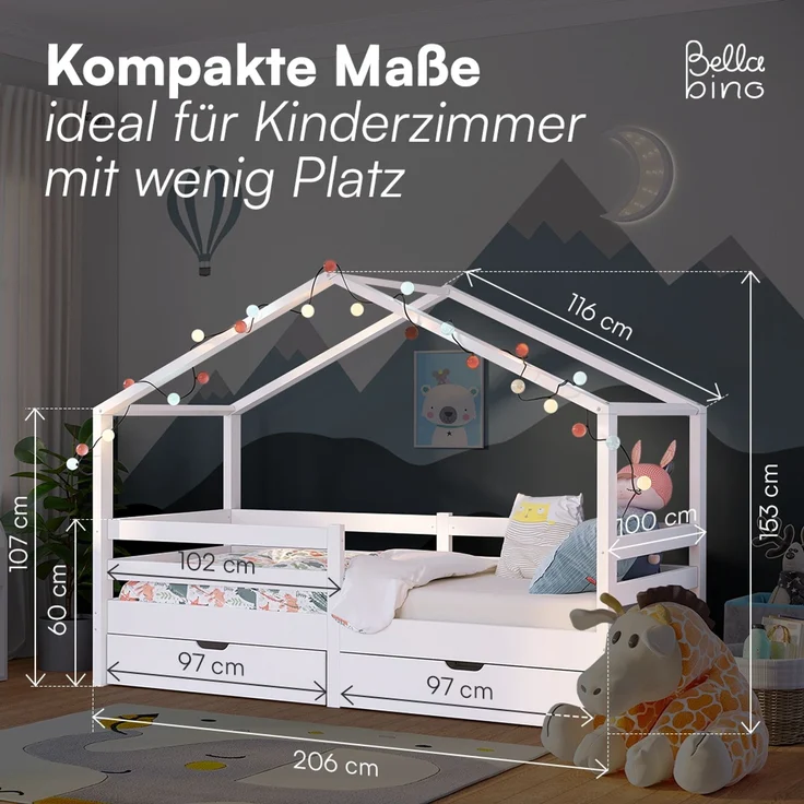 Bellabino 'Abia' Hausbett 90x200 cm mit 2 Schubladen, weiß, Kiefer Massivholz, Montessori Kinderbett mit Stauraum, inkl. Rausfallschutz und Lattenrost – Bild 7