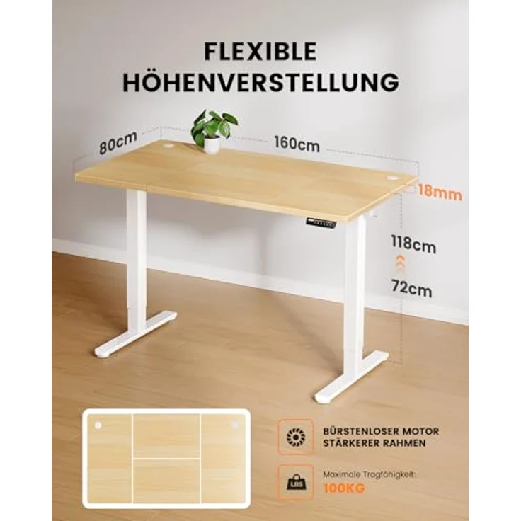 ErGear Höhenverstellbarer Schreibtisch-160x80 cm,100 KG Tragkraft Elektrischer Schreibtisch mit Fortgeschrittenem Bürstenlosem Motor, Leise Funktion, Robuster Metallrahmen, Vierteilige Tischplatte – Bild 3
