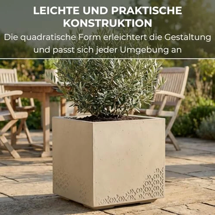 LAMELA Pflanzkübel mit Rollen 40 cm, 36L – Blumentopf aus Kunststoff in Betonoptik – Übertopf mit Wasserablauf – Modern für Innen & Außen - Wetterfest & Pflegeleicht, Beige – Bild 5
