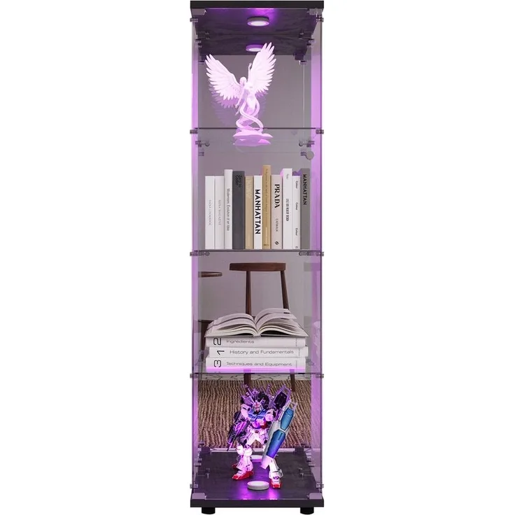 FUROKOY Glasvitrine Standvitrine, Modern Glas Vitrinenschrank mit Beleuchtung (4 Lagen Glasvitrine mit 1 Glastür, Sammlervitrine, 1-St, für Sammlerstücke Bücher Wein)