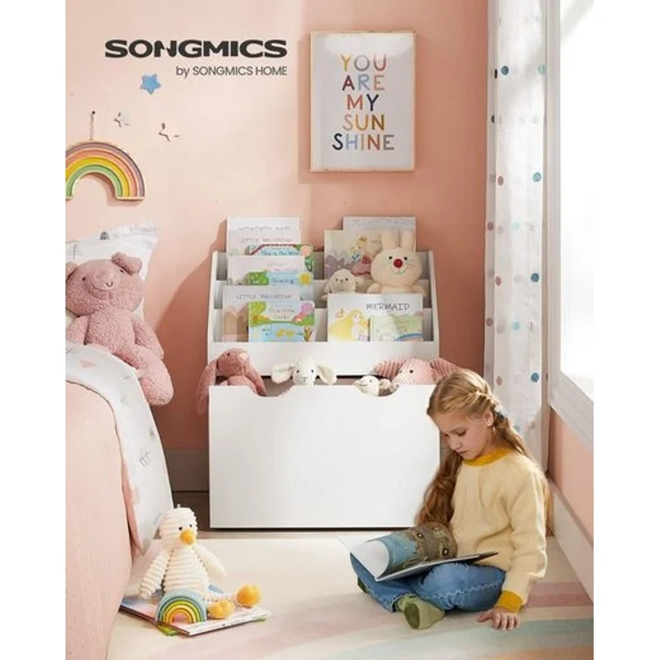Songmics Bücherregal für Kinder, mit 3 Regalebenen und Aufbewahrungsbox auf Rollen, MDF Wolkenweiß, 29,5 x 62,5 x 70 cm – Bild 2