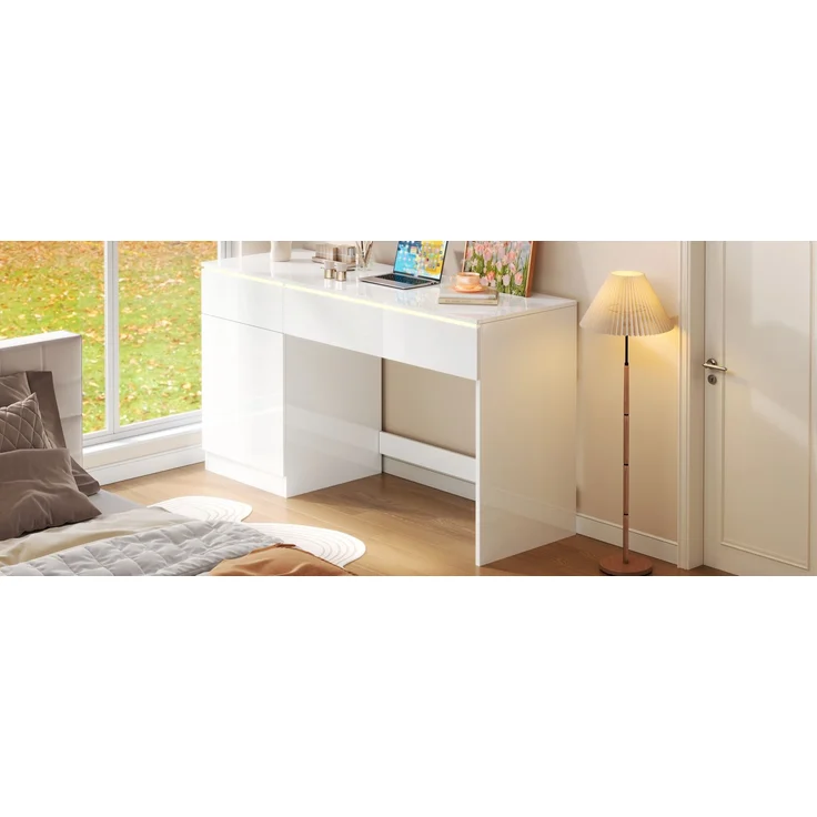 ZUBALIYA Hochglanz Schreibtisch 120 x 50 cm mit LED-Beleuchtung, 2 Schubladen & 1 Tür, großer Computertisch und Schminktisch, Moderner Arbeitsplatz für Homeoffice und Schlafzimmer – Bild 21